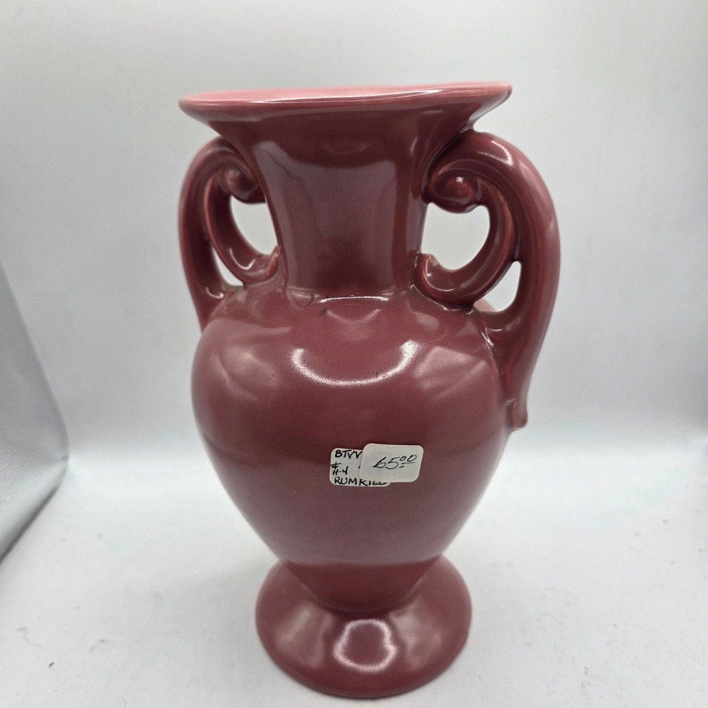Vintage Rumrill Pottery H-4 Dusty Rose Mauve Double Scroll Handle Urn Vase